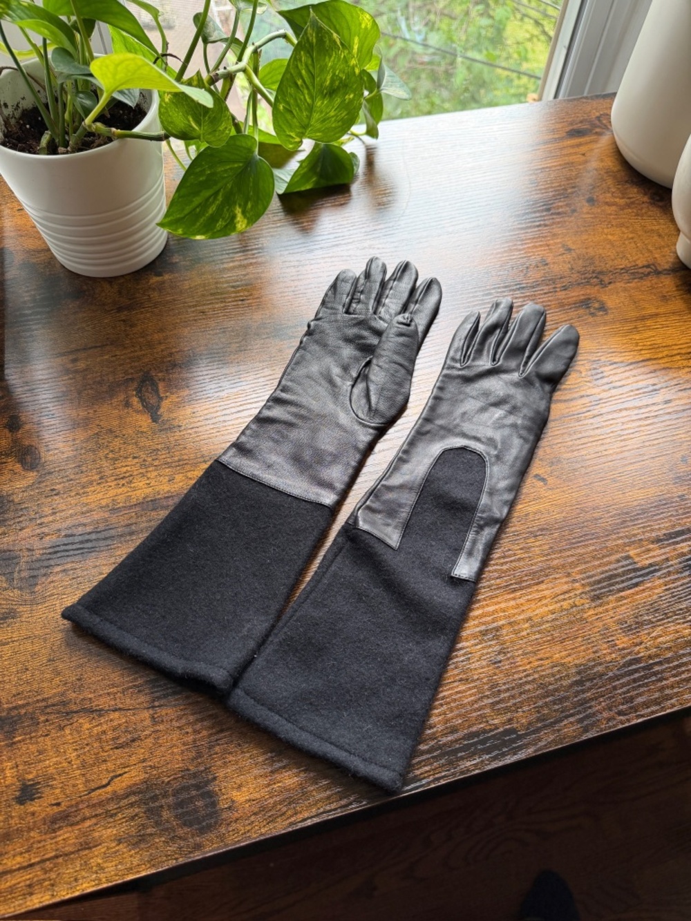 Long Leather + Rabbit Wool Blend Gloves